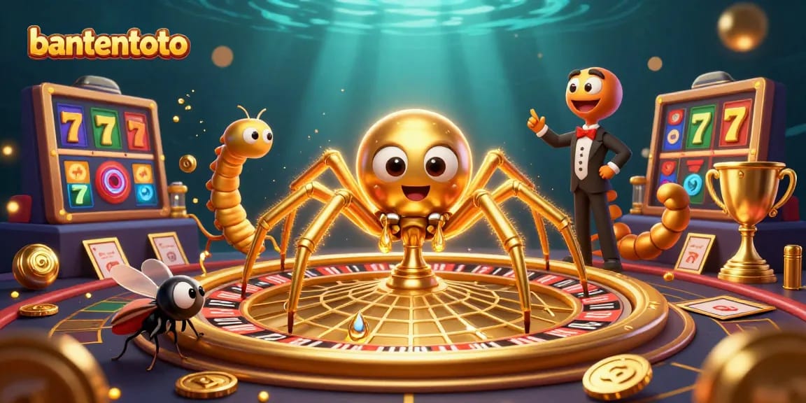 Permainan bantentoto dengan laba-laba emas di roda roulette dalam ilustrasi 3D menarik.