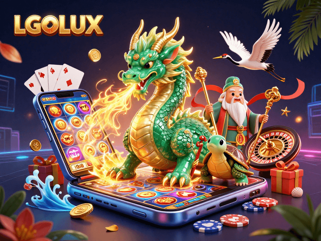 Win at LGOLUX with a dragon, turtle, and cranes in a vibrant casino illustration