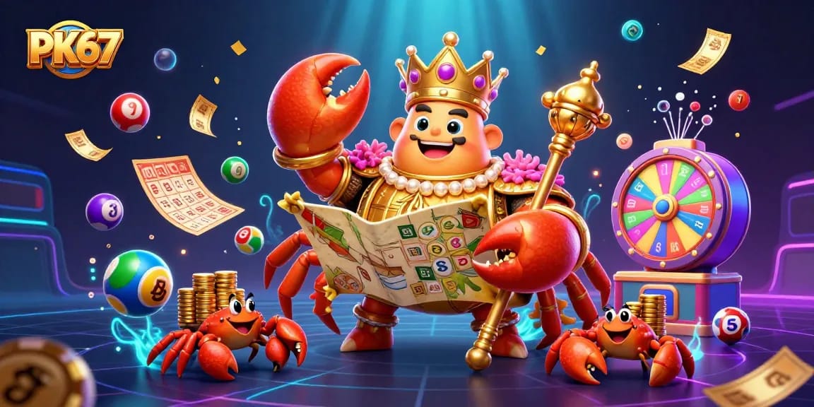 Engage with PK67's vibrant lottery action featuring a dynamic crab emperor among colorful elements.