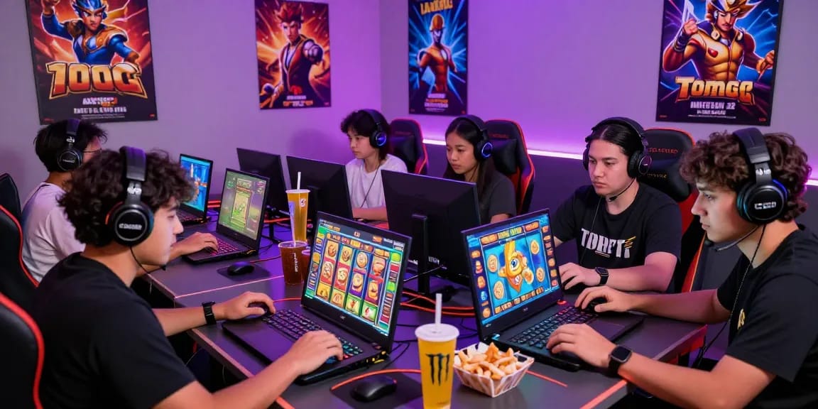 Engaged gamers enjoying popular games on situs slot gacor with vibrant visuals and modern setups.