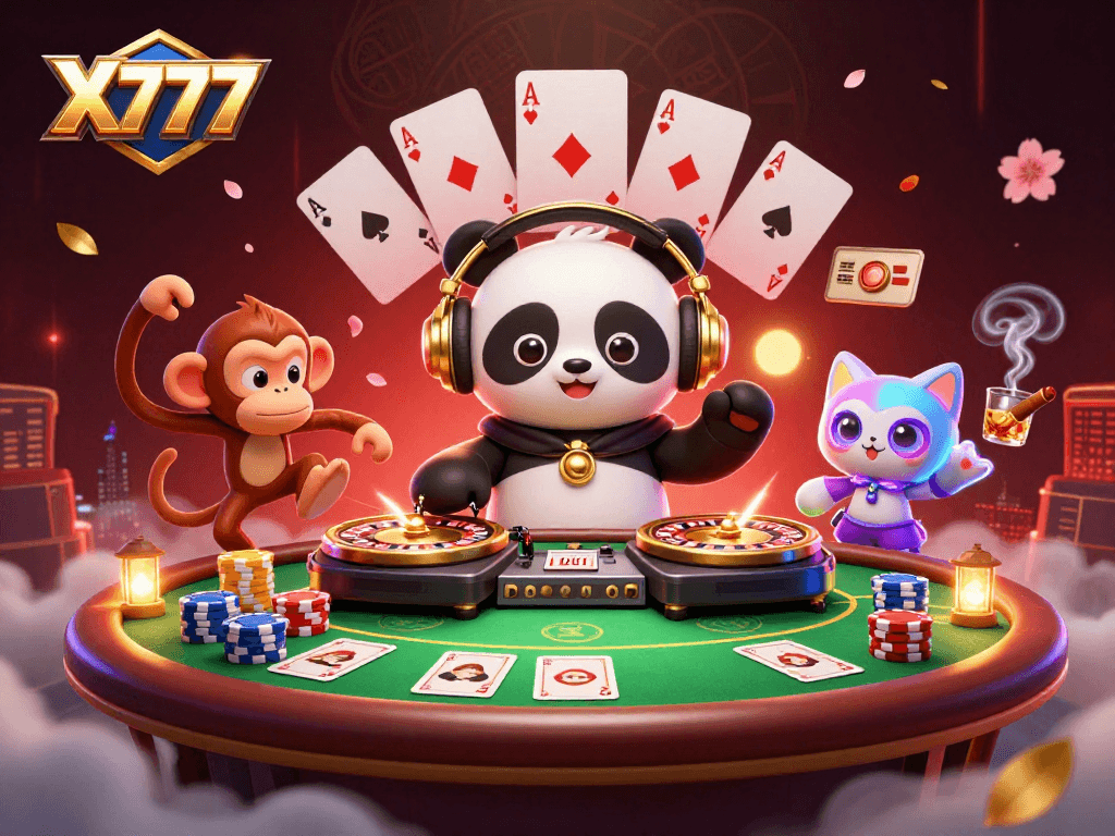 X777 gaming action illustrates a DJ panda, breakdancing monkey, and glowing kitten amidst poker tables.