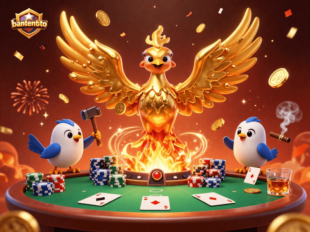 Mengalami permainan bantentoto dengan phoenix emas dan peralatan poker mewah dalam suasana yang meriah.