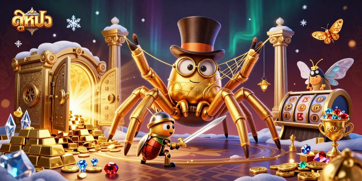 Engaging illustration of ดูหนัง with a giant golden tarantula weaving a web in a casino setting, showcasing vibrant gaming elements.