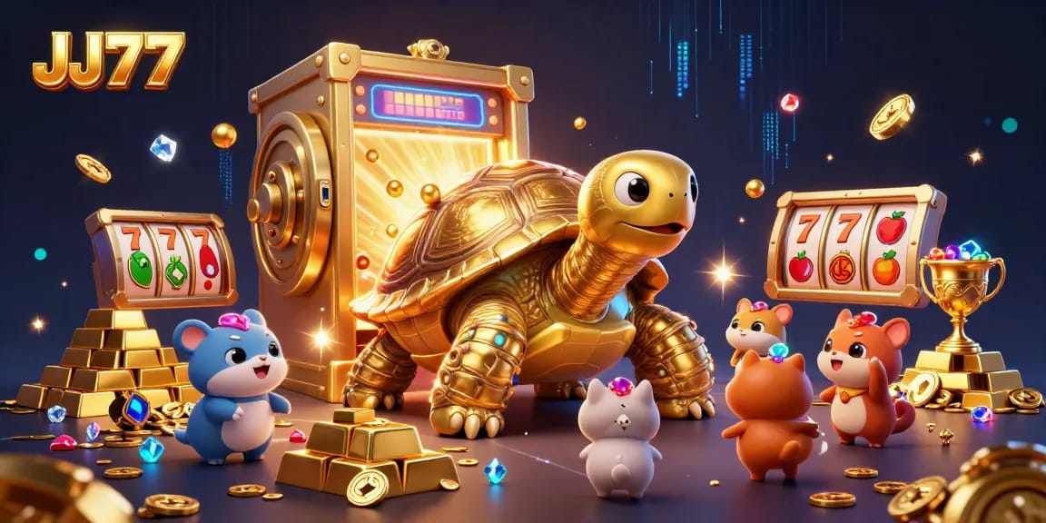 Spin and win with JJ77 in a vibrant, animated gambling scene featuring a golden tortoise and treasure.