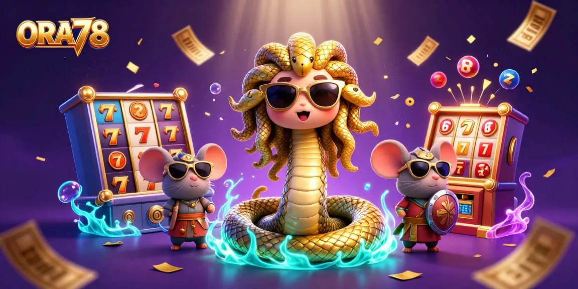 ORA78 tunjukkan keberuntungan dengan simbol slot ceria dan kupon emas berkilau.