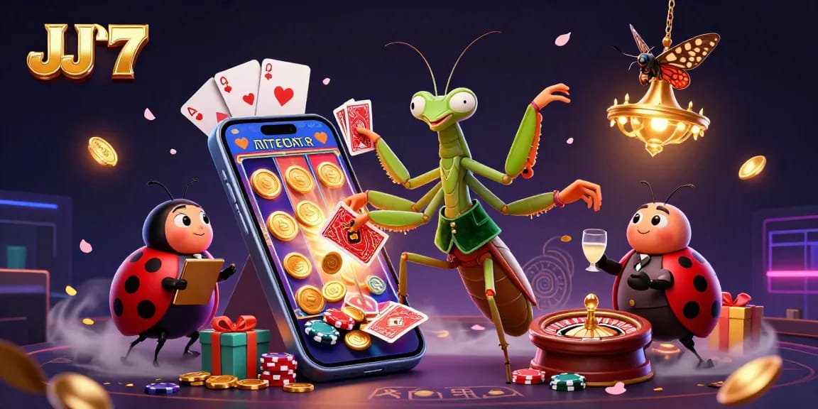 Engage with the JJ77 casino app, featuring vibrant gaming elements and characters in action.