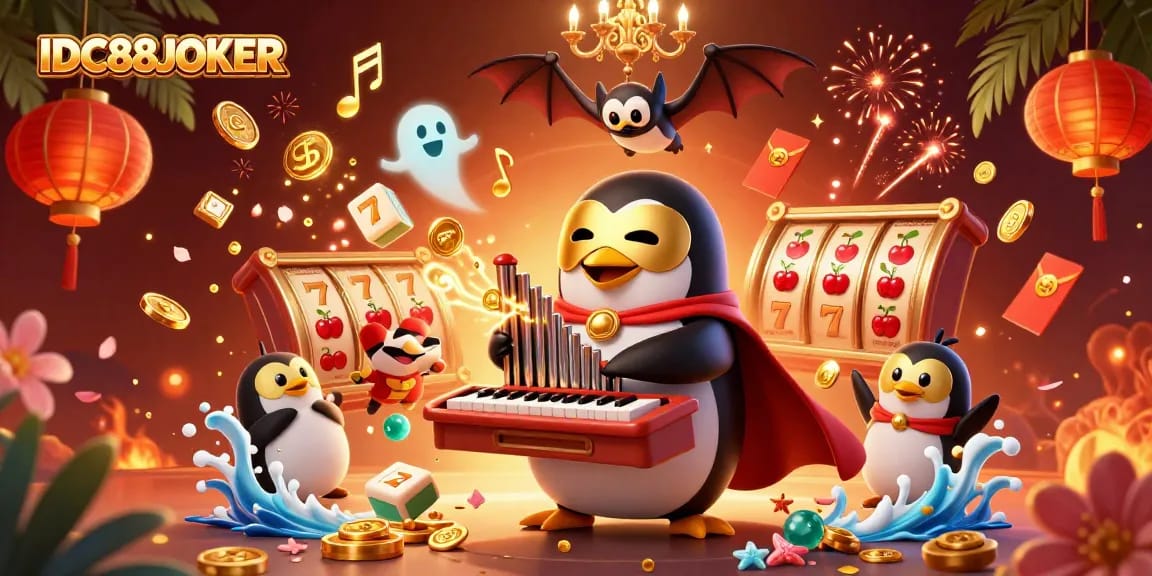 Experience thrilling gameplay with IDC88JOKER’s vibrant casino scene filled with golden coins and festive elements.