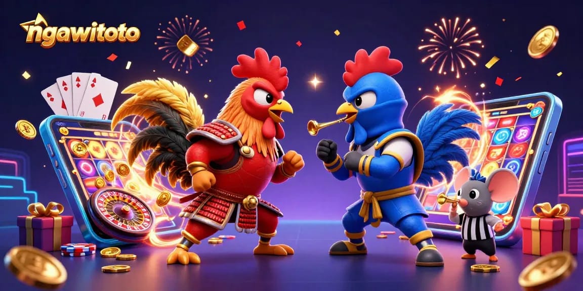 Ngawitoto menyajikan duel ayam petarung dengan elemen permainan kasino di sekitarnya.