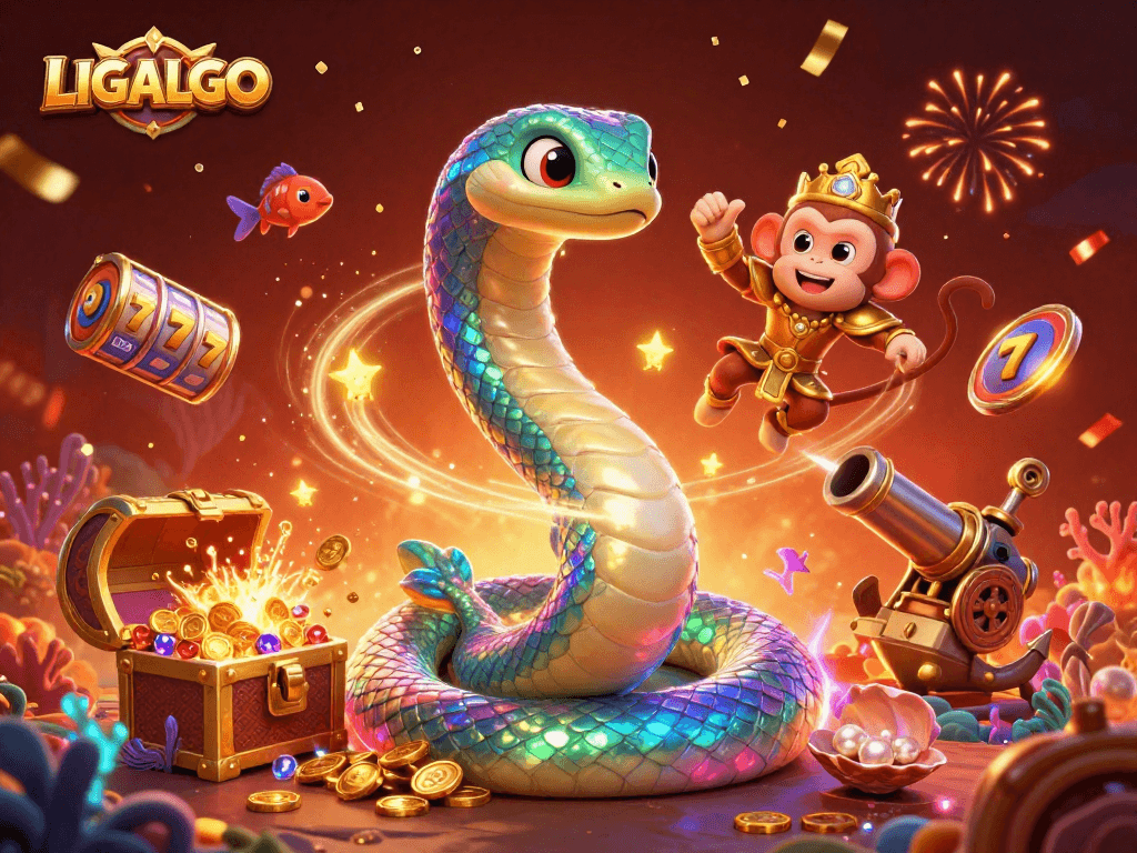 LIGALGO brings excitement to players with vibrant slot reels and a magical 3D casino illustration.