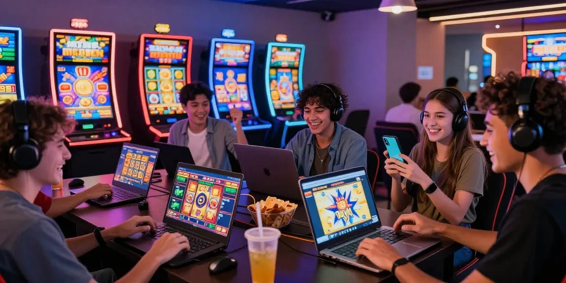 Players experiencing exciting online rtp slot games in a vibrant gaming environment