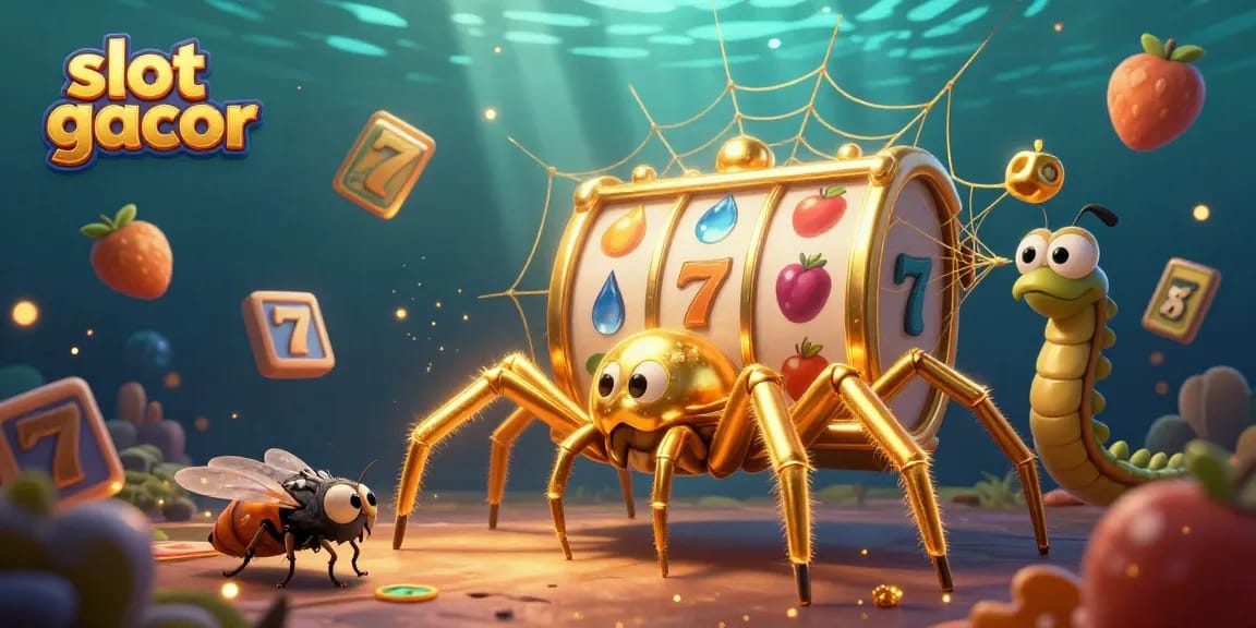 Slot gacor: ilustrasi kasino yang menampilkan laba-laba emas dan elemen slot yang menarik.