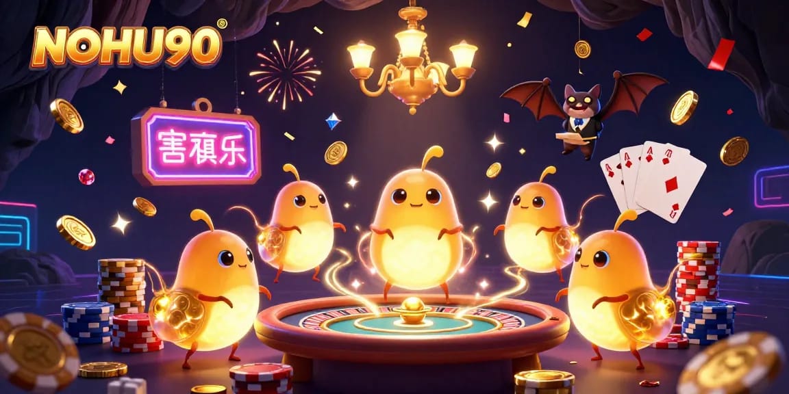 Experience the glow of NOHU90 with vibrant glowworms lighting up a dynamic casino scene filled with coins and cards.