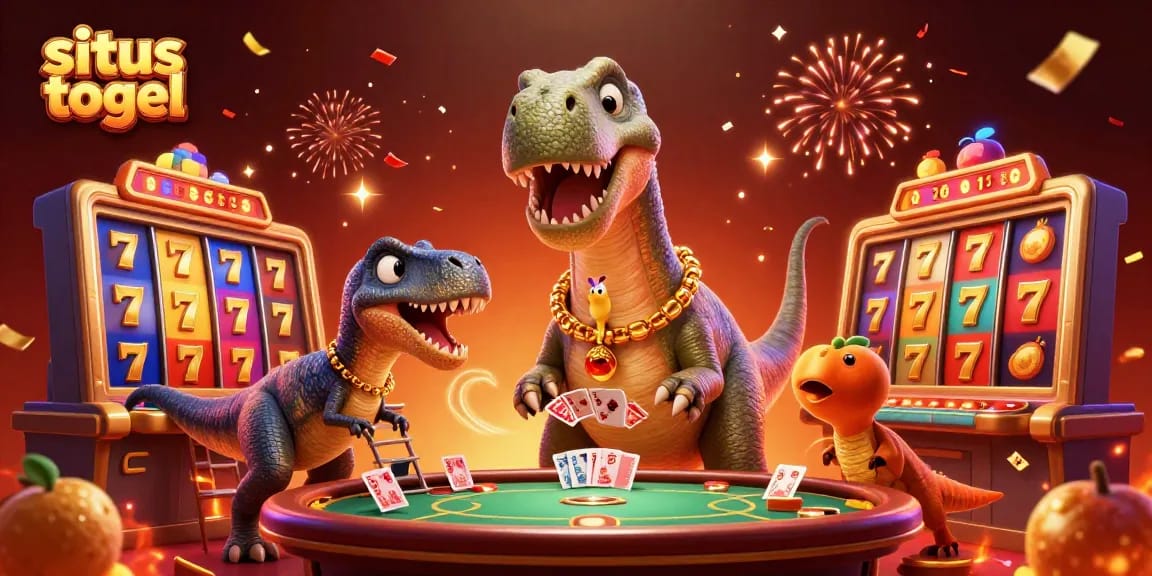Gambaran situs togel dengan dinosaurus dan elemen permainan lotere yang berwarna-warni.