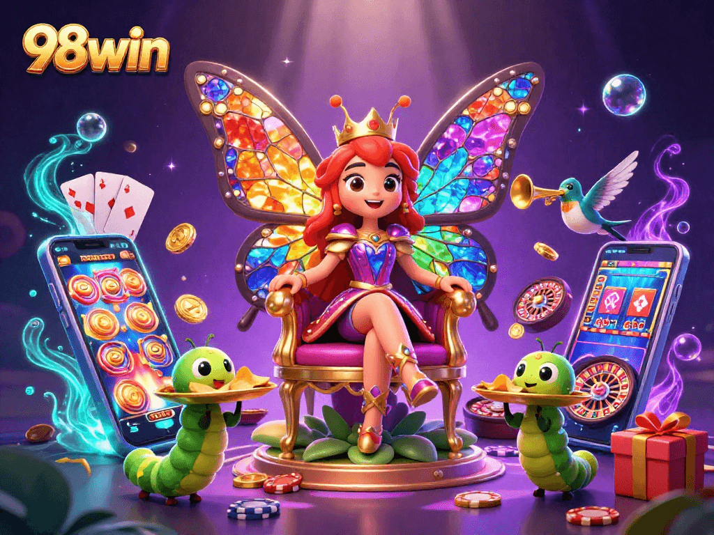 Experience thrilling gaming with 98win as a butterfly queen presides over vibrant casino elements.