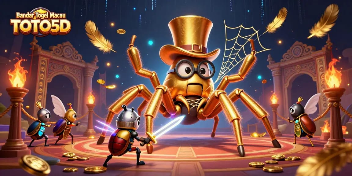 Jelajahi Bandar Togel Macau TOTO5D dengan tarantula emas dan ksatria kecil dalam adegan penuh aksi.