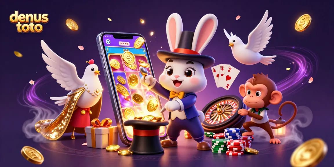 Densus toto menampilkan kelinci pesulap 3D menarik koin emas dengan efek magis di situs lotere.