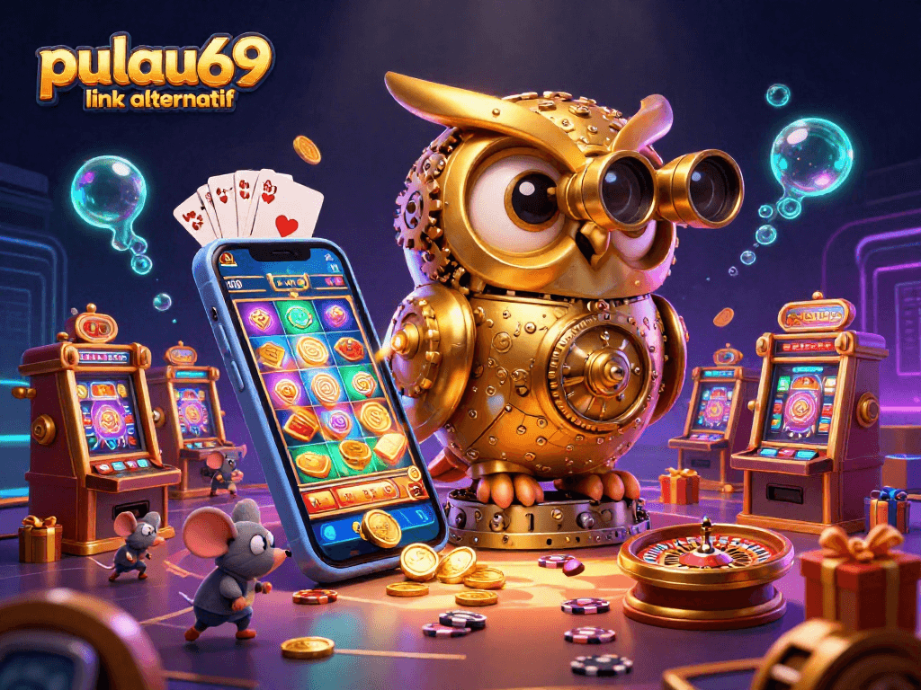Experience thrills with pulau69 link alternatif featuring a golden owl, vibrant casino elements, and dynamic gameplay.