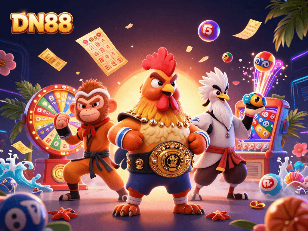 Engage with DN88's dynamic gaming scene featuring vibrant lottery elements and expert characters.