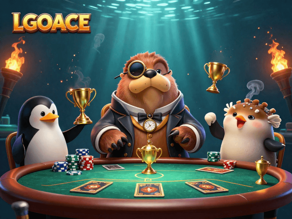 LGOACE showcases a lively underwater poker game featuring a walrus, penguin dealer, and bluffing pufferfish.