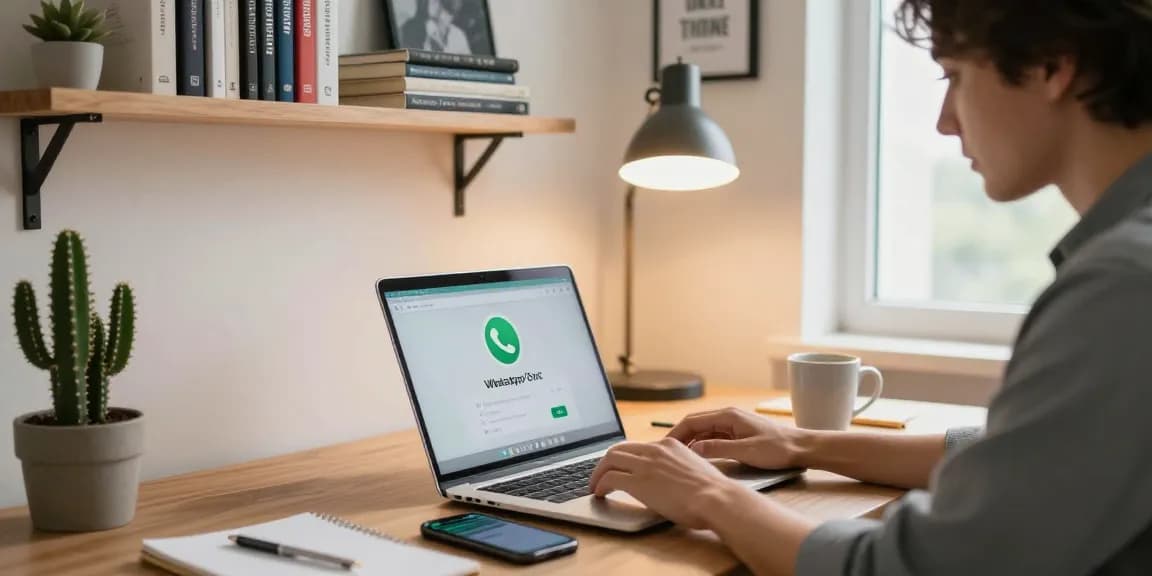 Professional using WhatsApp電腦版 in a cozy home office setting, focusing on productivity.