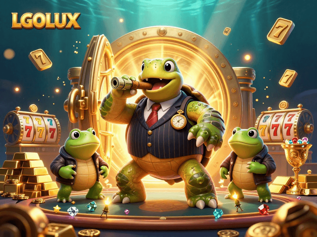 Experience the thrill of LGOLUX casino with a giant turtle in a pinstripe suit and gold treasures.