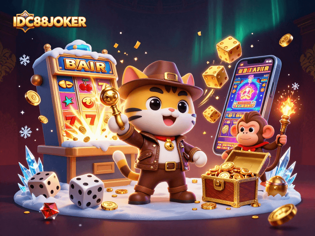 Engage in thrilling gaming with IDC88JOKER's vibrant 3D casino exploration scene.