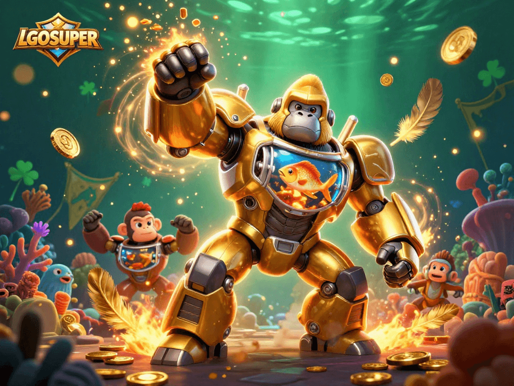 Engage with the LGOSUPER platform featuring thrilling fish shooting action in a vibrant 3D scene.