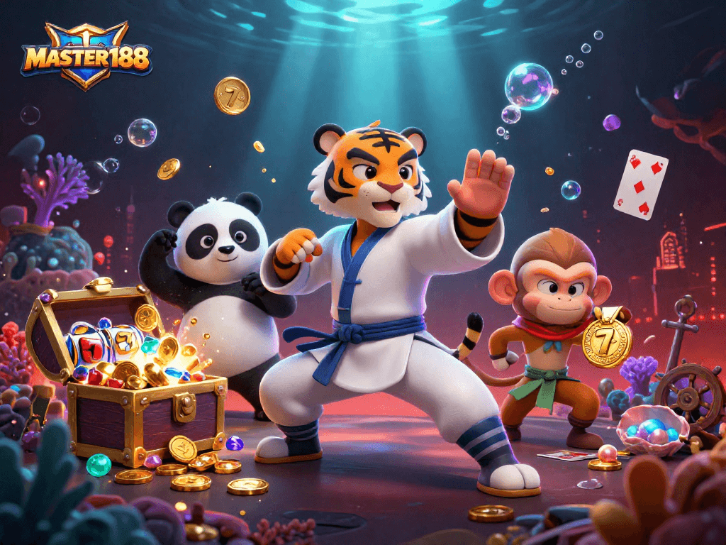 Engage in gaming thrills with MASTER188's vibrant illustration of a kung fu tiger in action, surrounded by slot symbols.