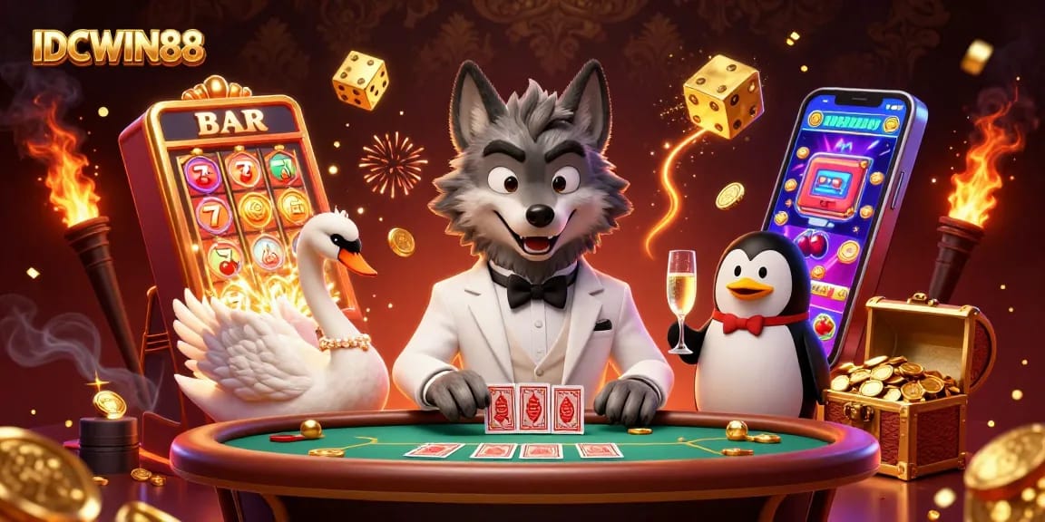 Play exciting casino games at IDCWIN88, featuring a lively baccarat scene with unique characters.