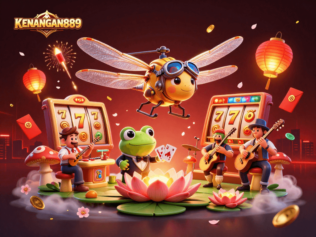 KENANGAN889 engages players with vibrant slot action, highlighting a whimsical casino scene.