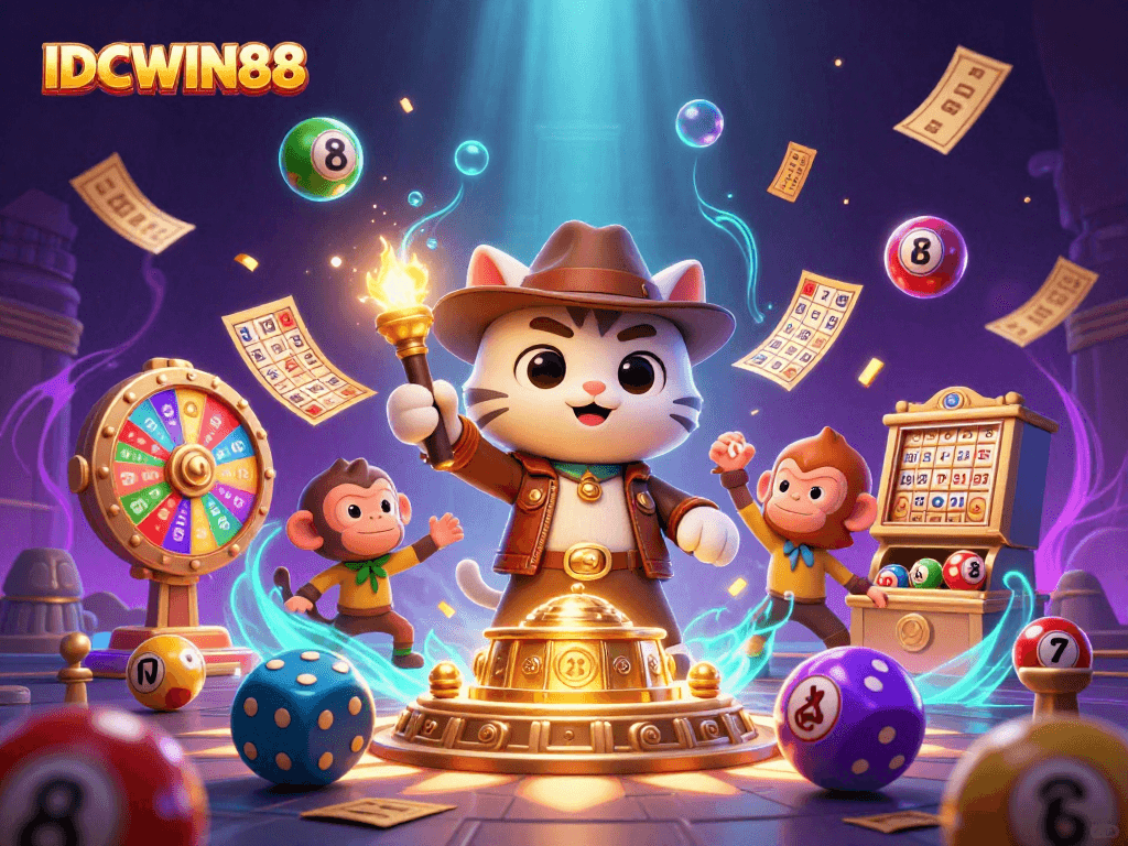 IDCWIN88 shows an archaeologist cat discovering vibrant casino treasures in a magical temple scene.