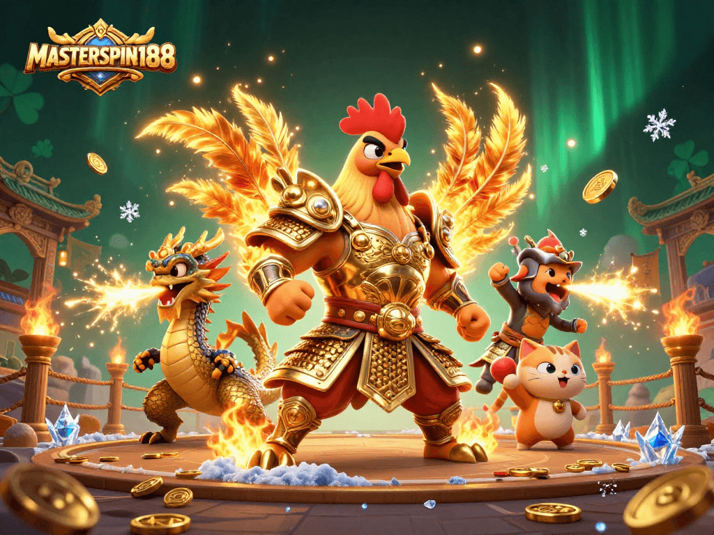 Engage with MASTERSPIN188's thrilling atmosphere, featuring a powerful rooster warrior in an epic casino battle.