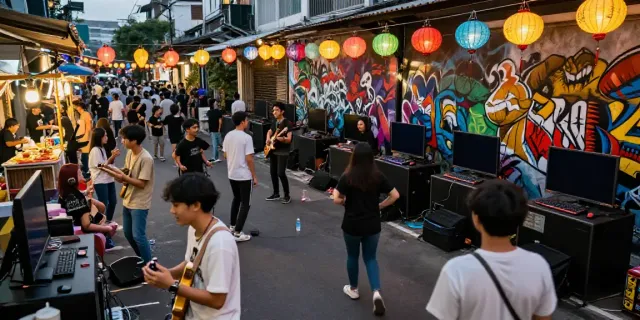 Engaging urban music and gaming culture scene at https://jakartabeat.net in Jakarta, showcasing live performances and community interaction.