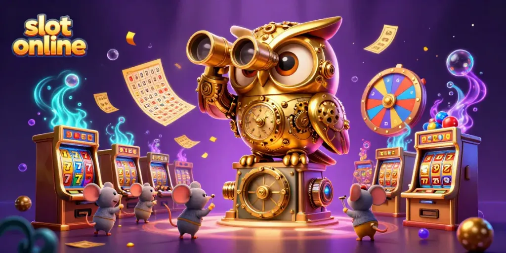 Menangkan slot online dengan melihat mesin slot dan tiket emas berterbangan di latar belakang kasino