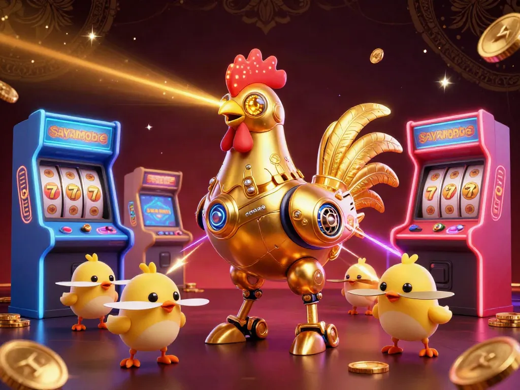 Experience thrilling gameplay with sayangbet through an engaging casino scene featuring a golden rooster robot and arcade games.