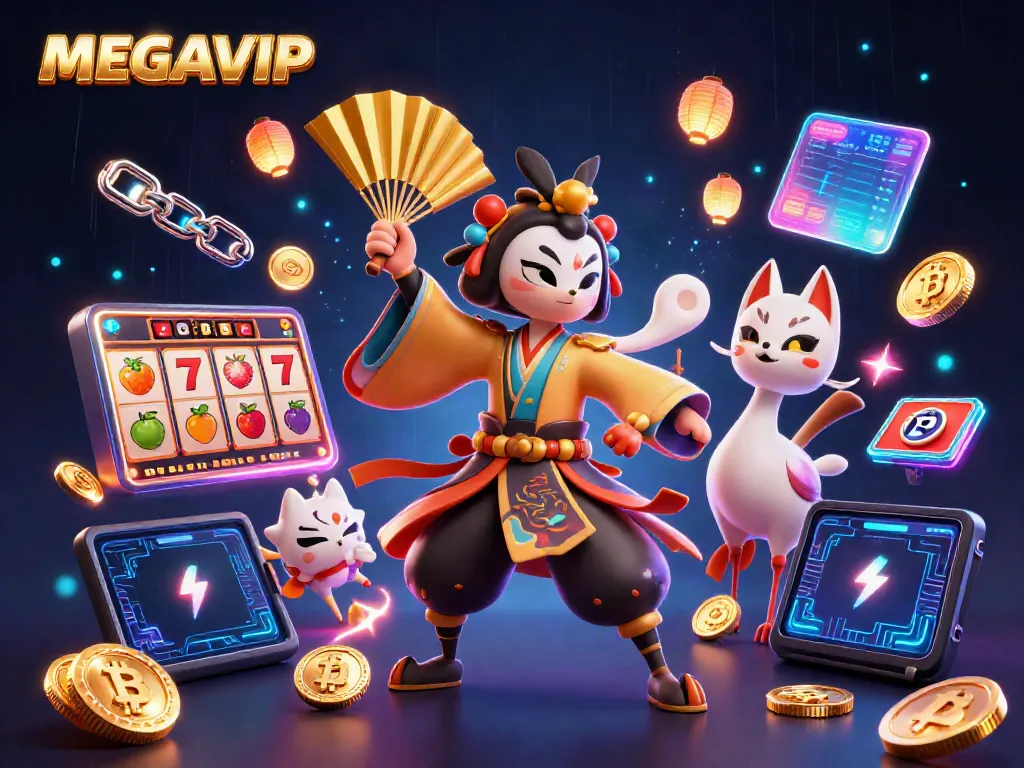 Menghadirkan pengalaman MEGAVIP dengan simbol slot, karakter bersiap untuk menang jackpot.