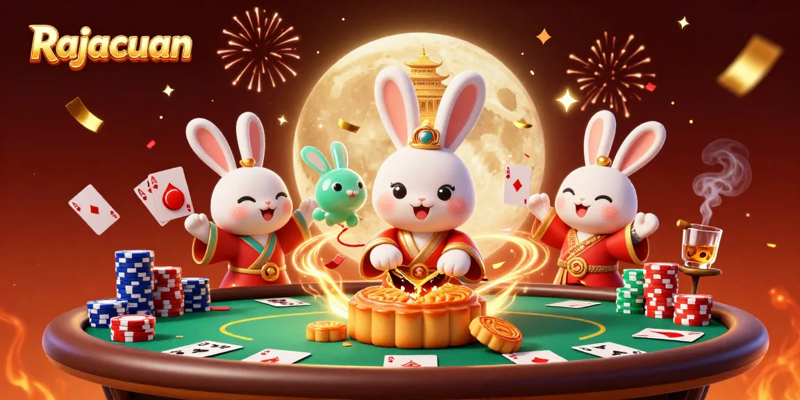 Rajacuan menampilkan kelinci bulan dan elemen poker di latar belakang pameran kasino yang meriah.