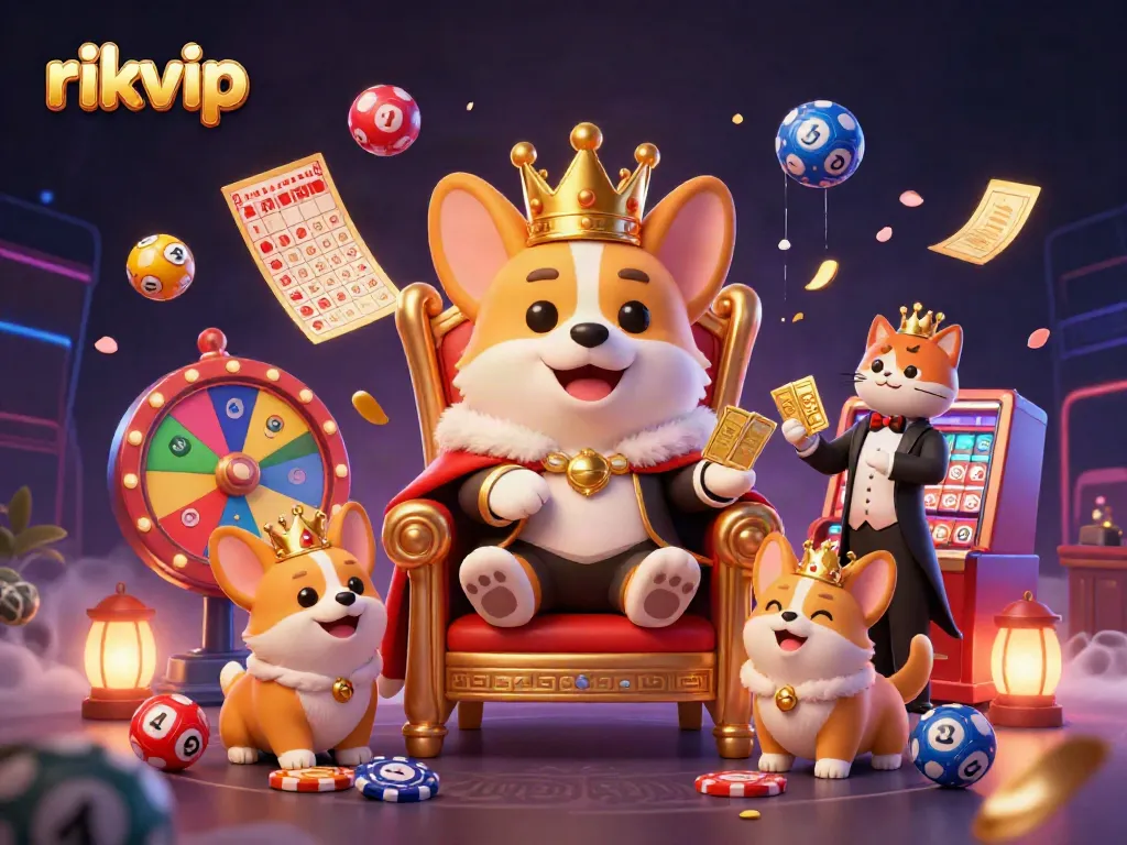 Engage in thrilling gameplay at rikvip with a royal corgi on a poker chip throne, featuring vibrant gaming elements.