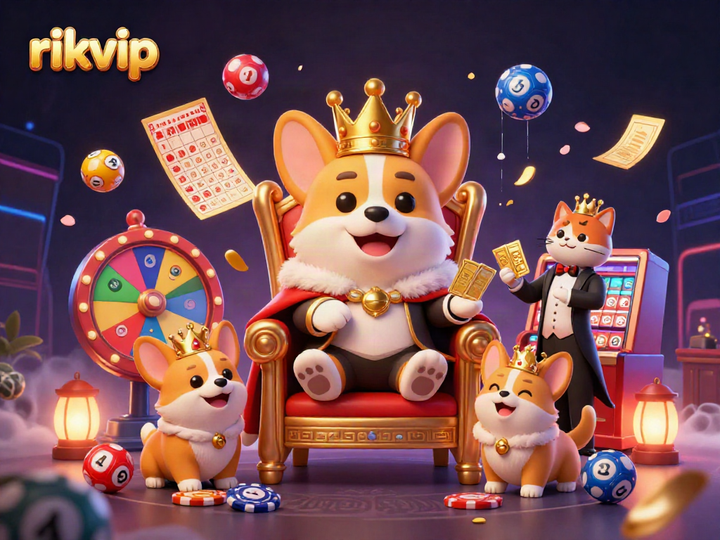 Engage in thrilling gameplay at rikvip with a royal corgi on a poker chip throne, featuring vibrant gaming elements.