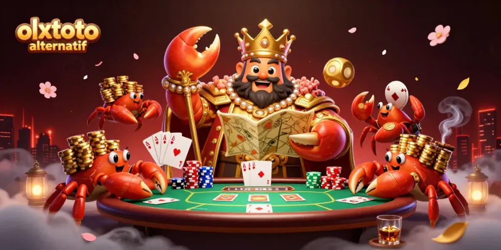 Experience the olxtoto alternatif excitement with a dynamic gaming scene featuring a golden crab and poker elements.