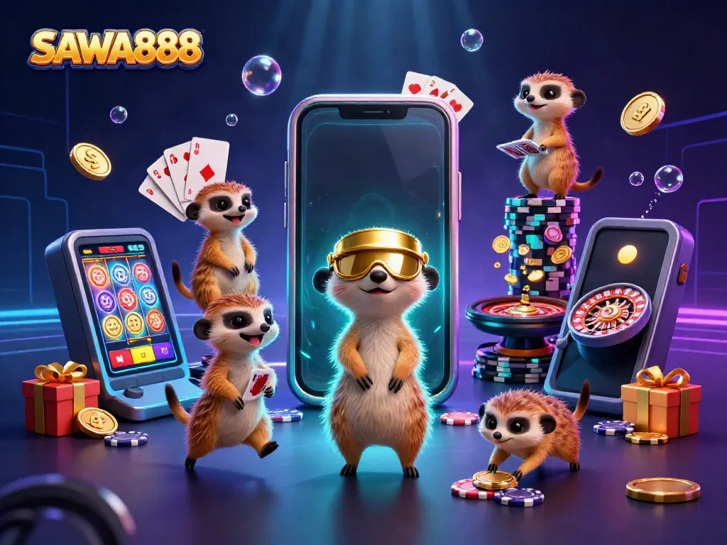 Experience thrilling gameplay at SAWA888 with meerkats showcasing a vibrant casino scene.