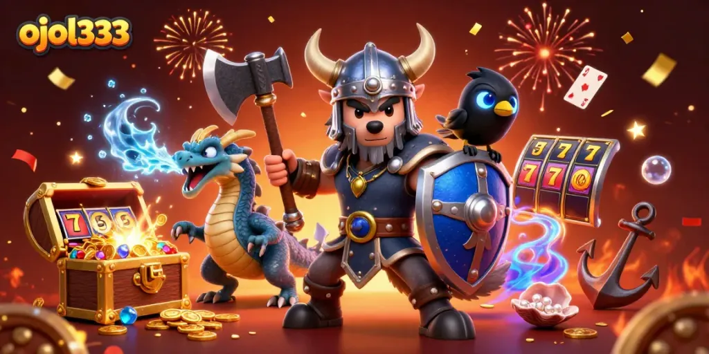 Spin to win with ojol333 as the Viking wolf warrior, fierce dragon, and raven celebrate in this lively casino-themed scene.