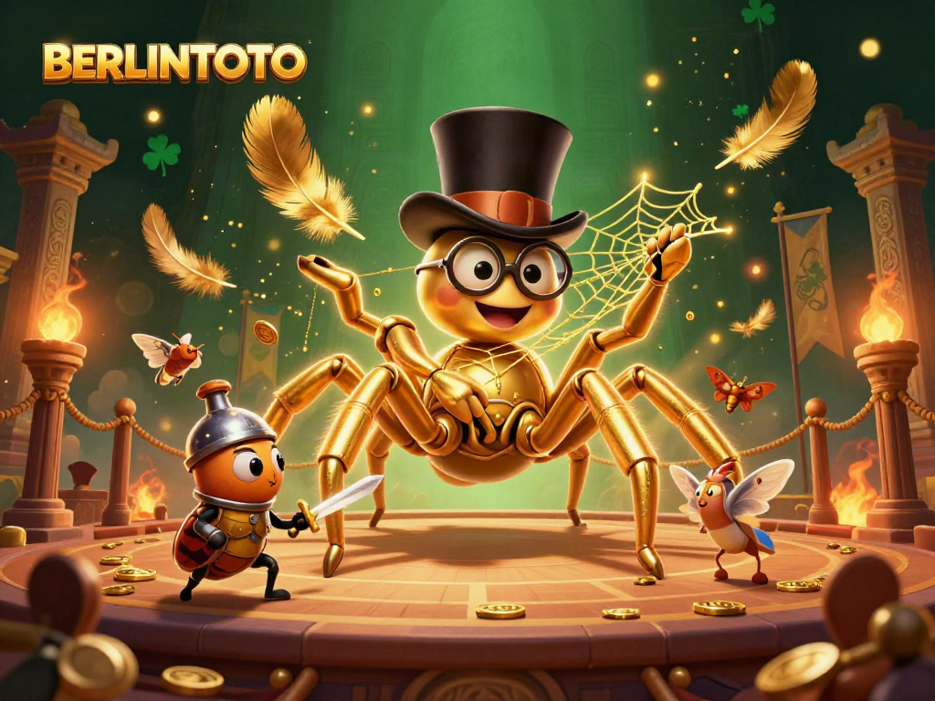 Engage with BERLINTOTO's thrilling casino action featuring a golden tarantula and beetle knight in a dynamic gaming scene.