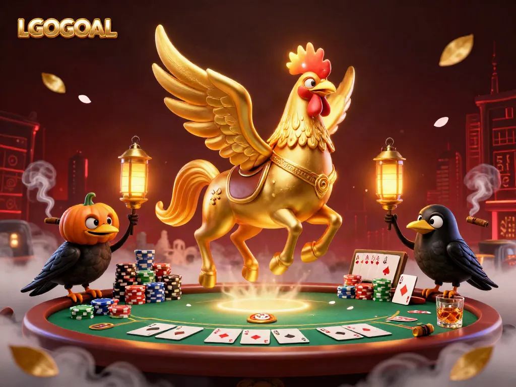 Experience the thrill of LGOGOAL in a vivid casino scene with golden rooster and poker elements.