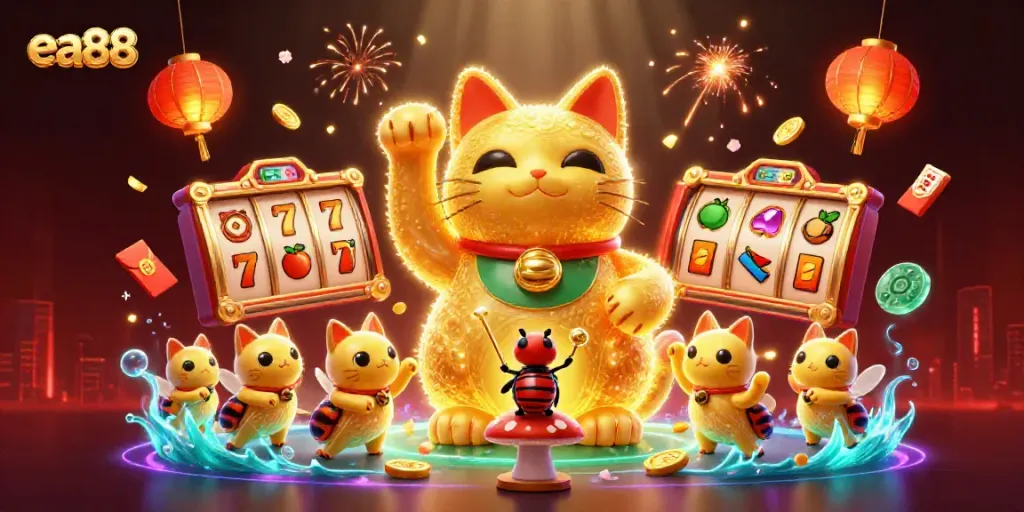 Engage with exciting ea88 casino action featuring a lucky cat enveloped in vibrant game symbols, immersing players in winning moments.