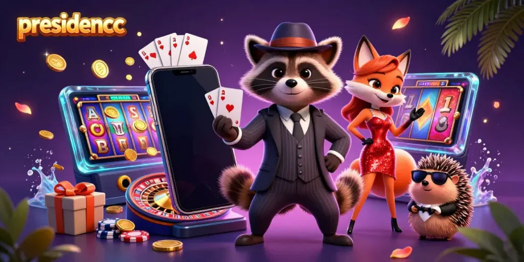 Experience thrilling gambling action with presidencc as a raccoon, fox, and hedgehog engage in a card game surrounded by vibrant casino elements.