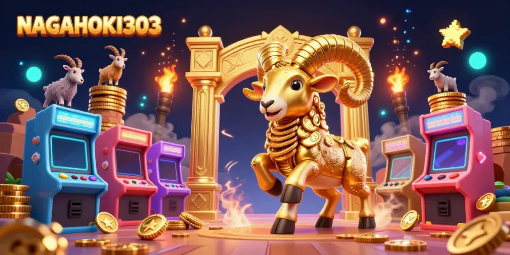 NAGAHOKI303 showcases a dynamic illustration of a golden ram charging through a golden gate with game elements.