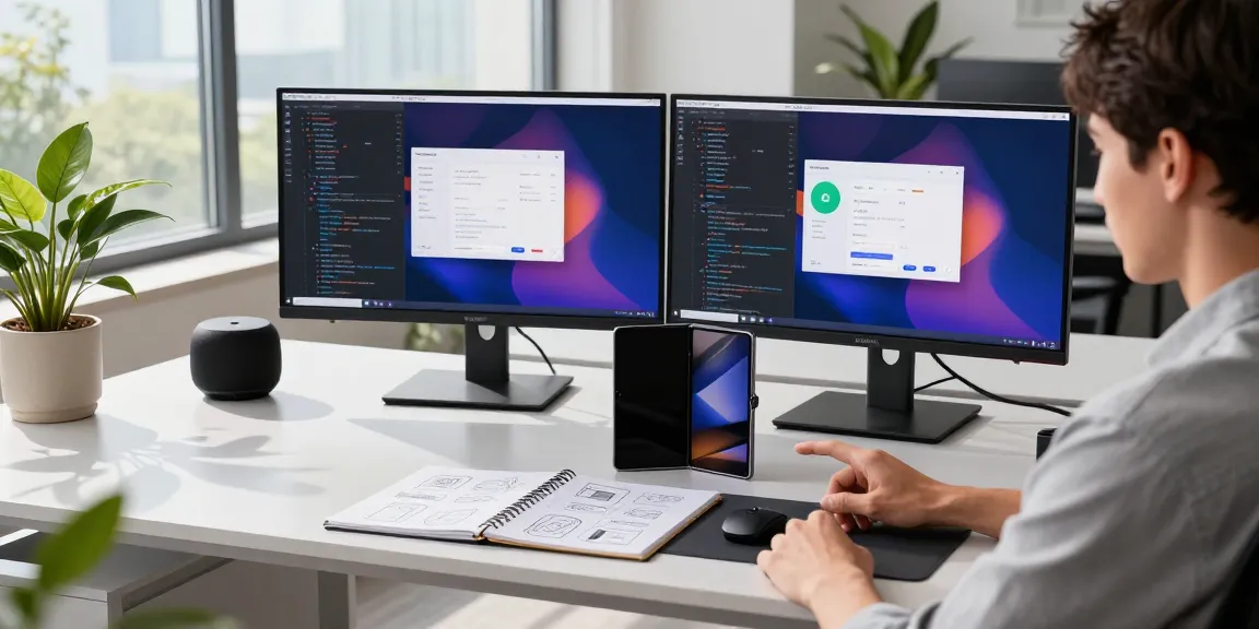 Person using Samsung Galaxy Z TriFold in a modern office setting with dual monitors and vibrant coding interfaces.