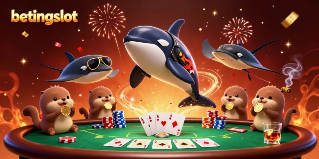 Orca, ikan pari, dan berang-berang beruang emas di betingslot, merayakan kemenangan kasino.