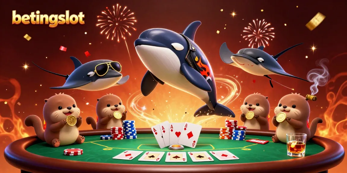 Orca, ikan pari, dan berang-berang beruang emas di betingslot, merayakan kemenangan kasino.